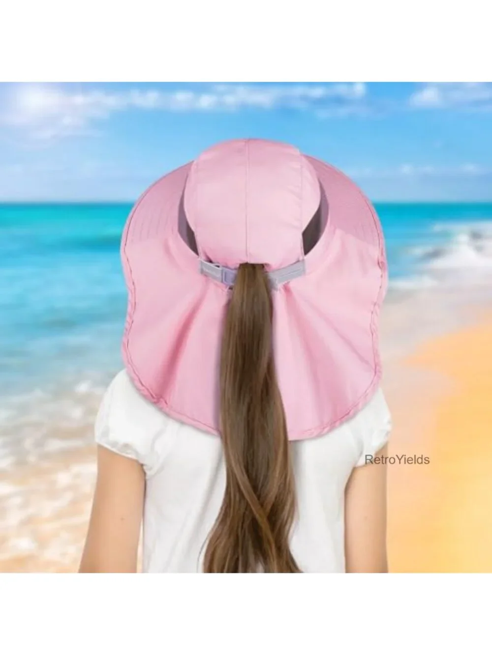 Kids UPF 50+ Sun Hat Wide Brim Neck Flap Adjustable Chin Strap Breathable Mesh